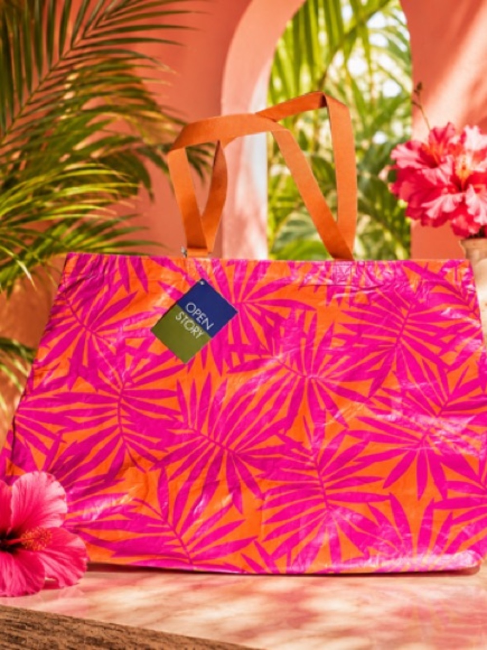 Tropical Leaf Print Tote Bag — Orange & Pink